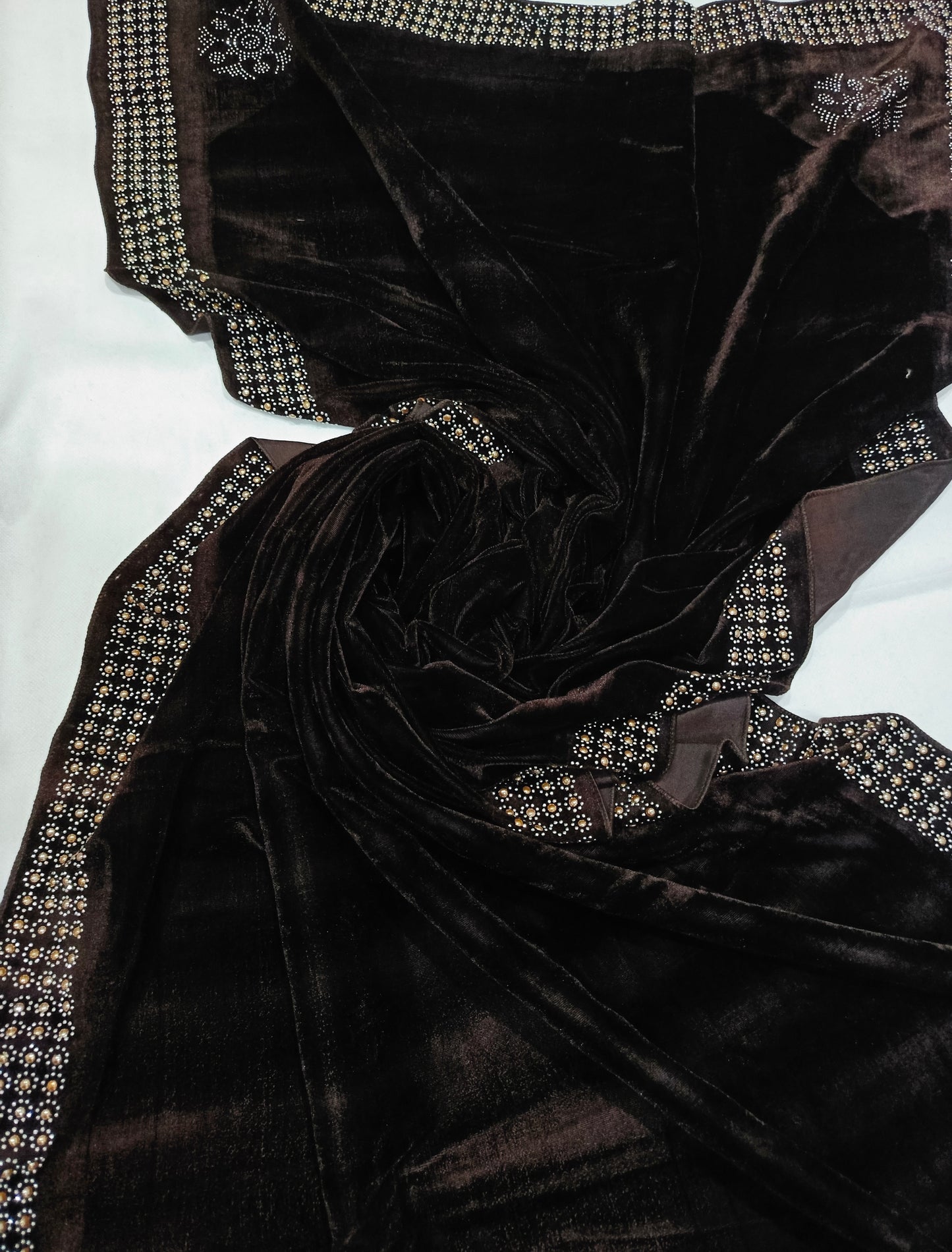 Pearls Work Micro Velvet Shawl - Dark Brown