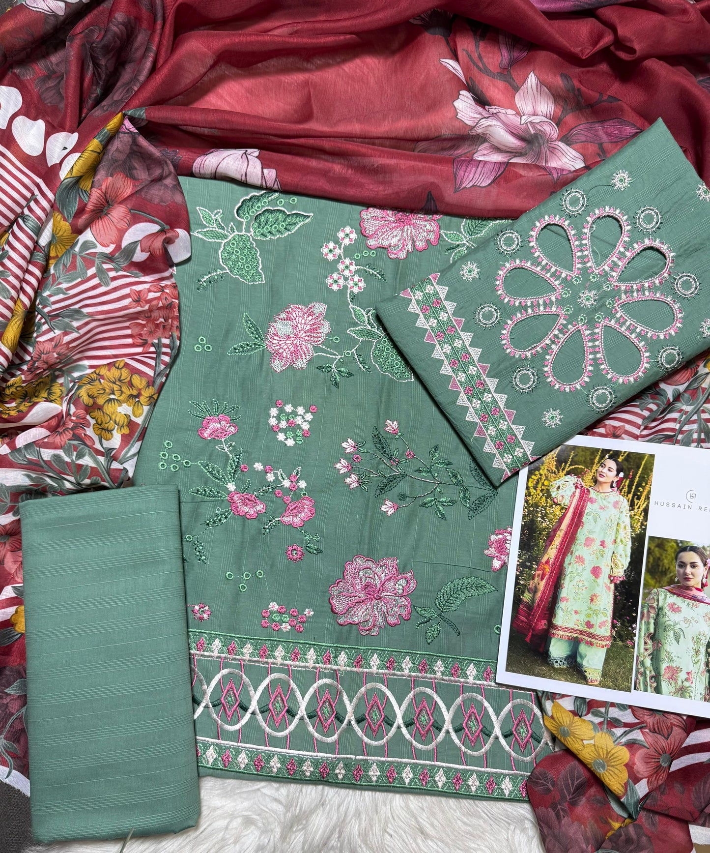 Hussain Rehar - Premium Unstitched - Embroidered Lawn 3pc Suit