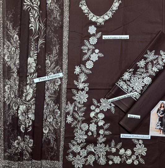 Premium Unstitched - Embroidered Lawn 3pc Suit