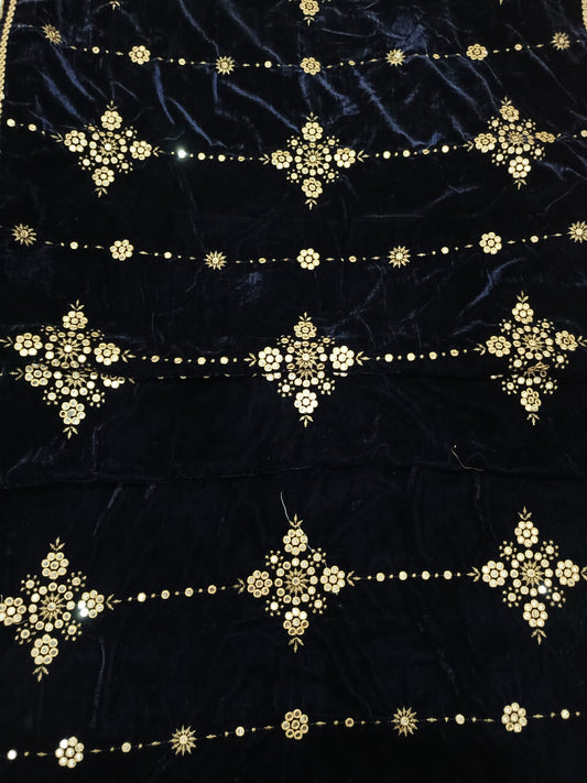Embroidered Micro Velvet Shawl - Dark Blue