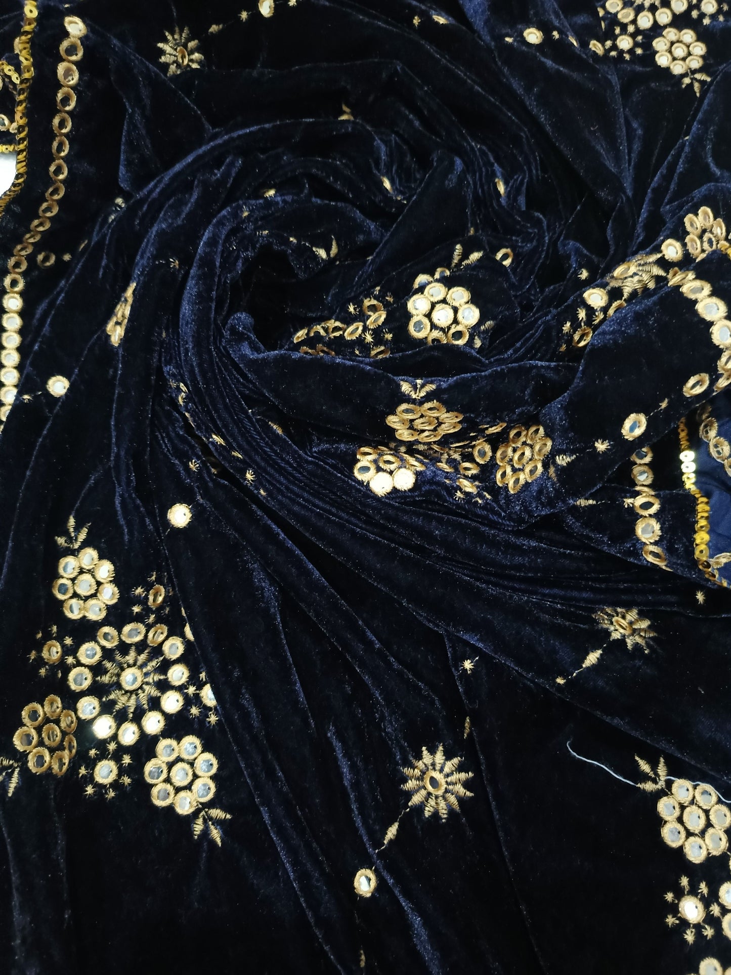 Embroidered Micro Velvet Shawl - Dark Blue