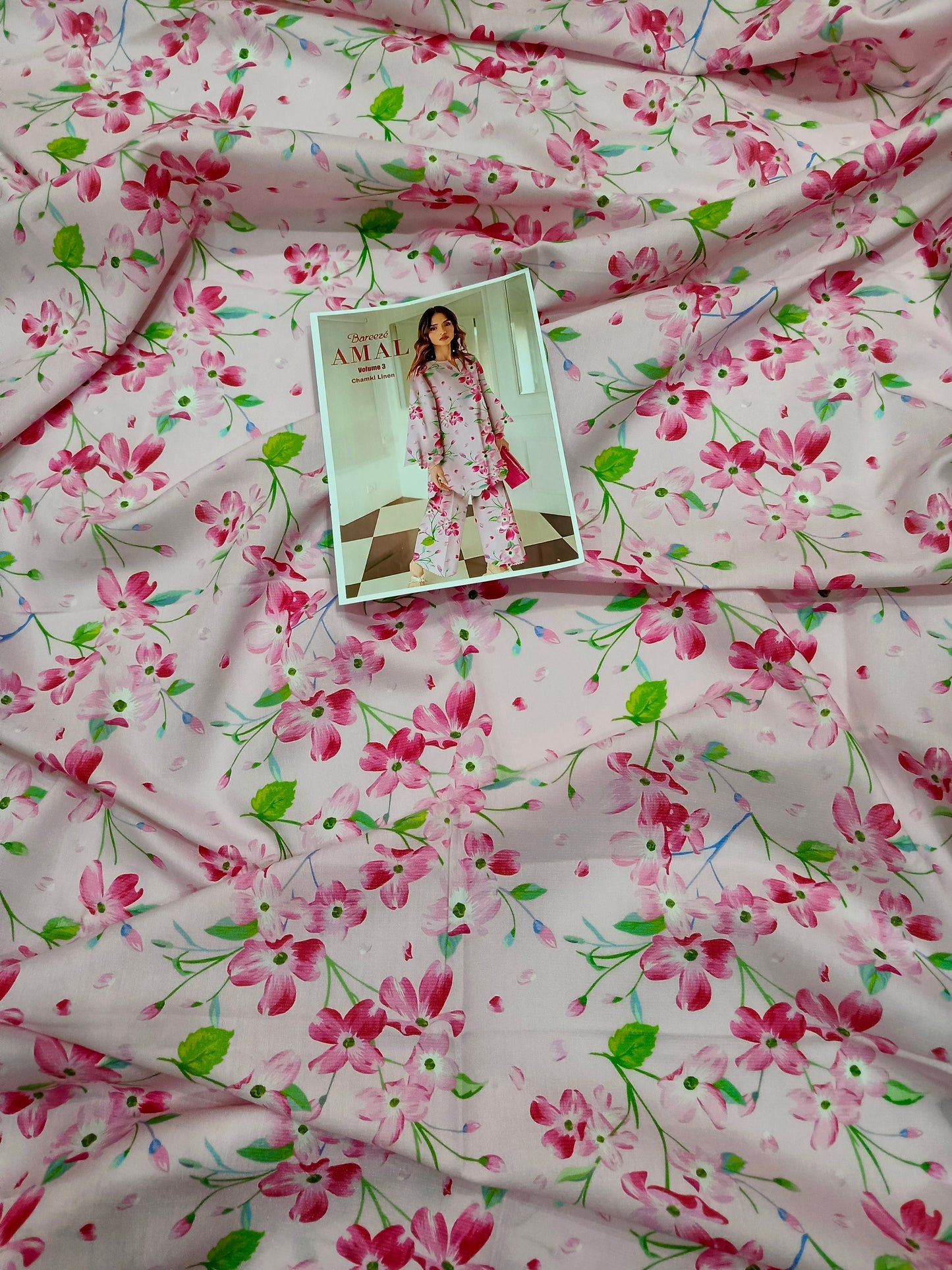 Floral Pink All-Over Printed Chamki Linen 2-Piece Suit