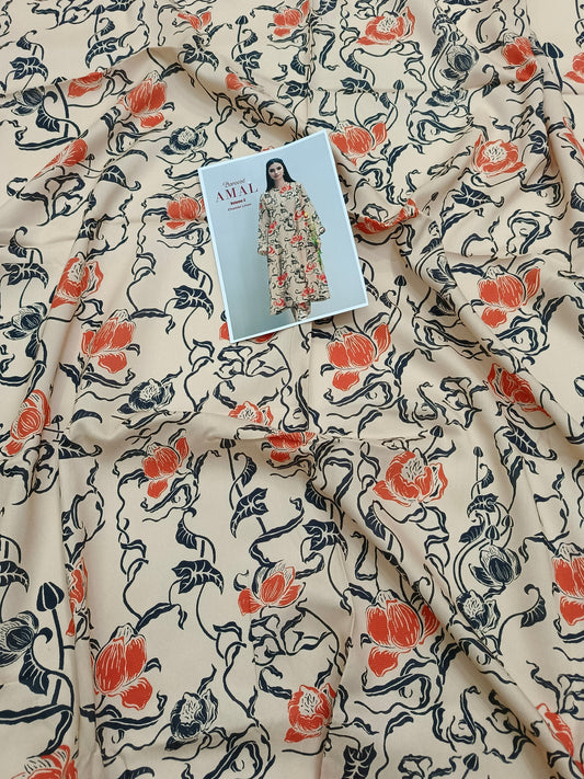 Beige Bold Floral All-Over Printed Chamki Linen 2-Piece Suit