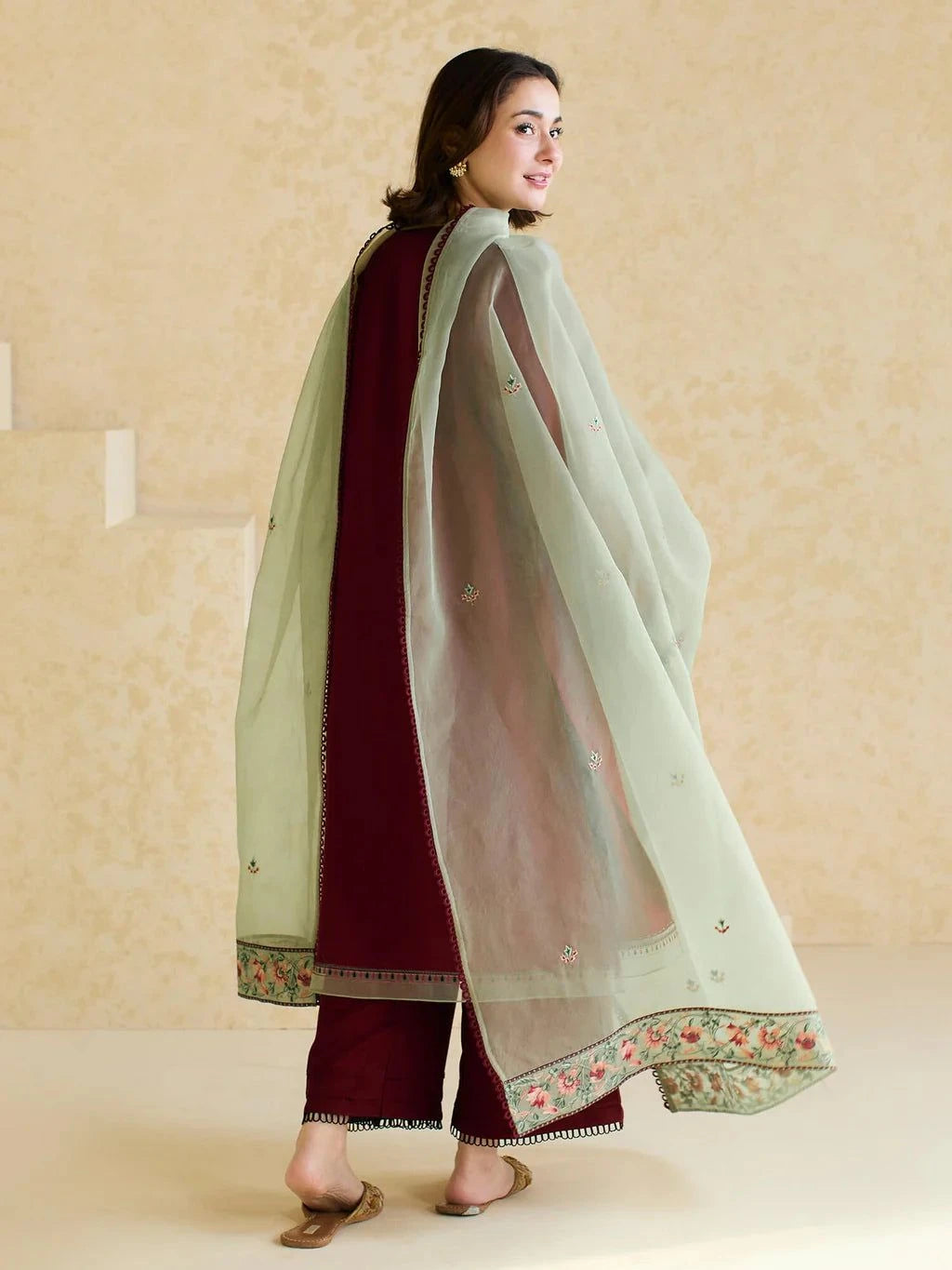 Maroon Dhanak Embroidered 3-Piece Suit with Organza Dupatta