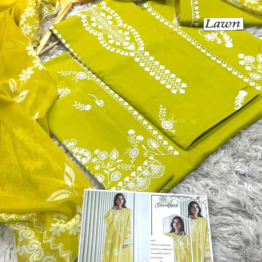 Premium Unstitched - Embroidered Lawn 3pc Suit