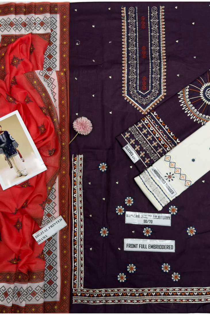 Jazmin - Premium Unstitched - Embroidered Lawn 3pc Suit
