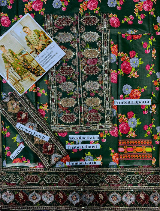 Floral Elegance – Linen 3pc Printed Suit with Organza Patches