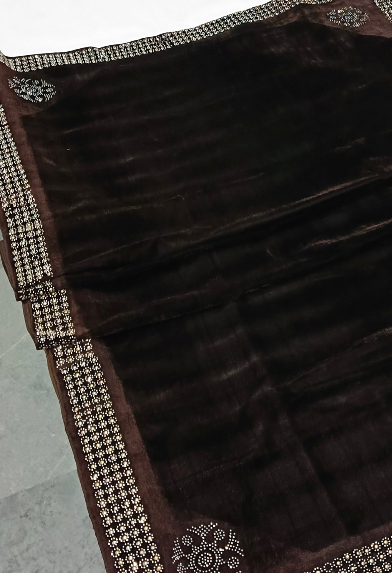 Pearls Work Micro Velvet Shawl - Dark Brown