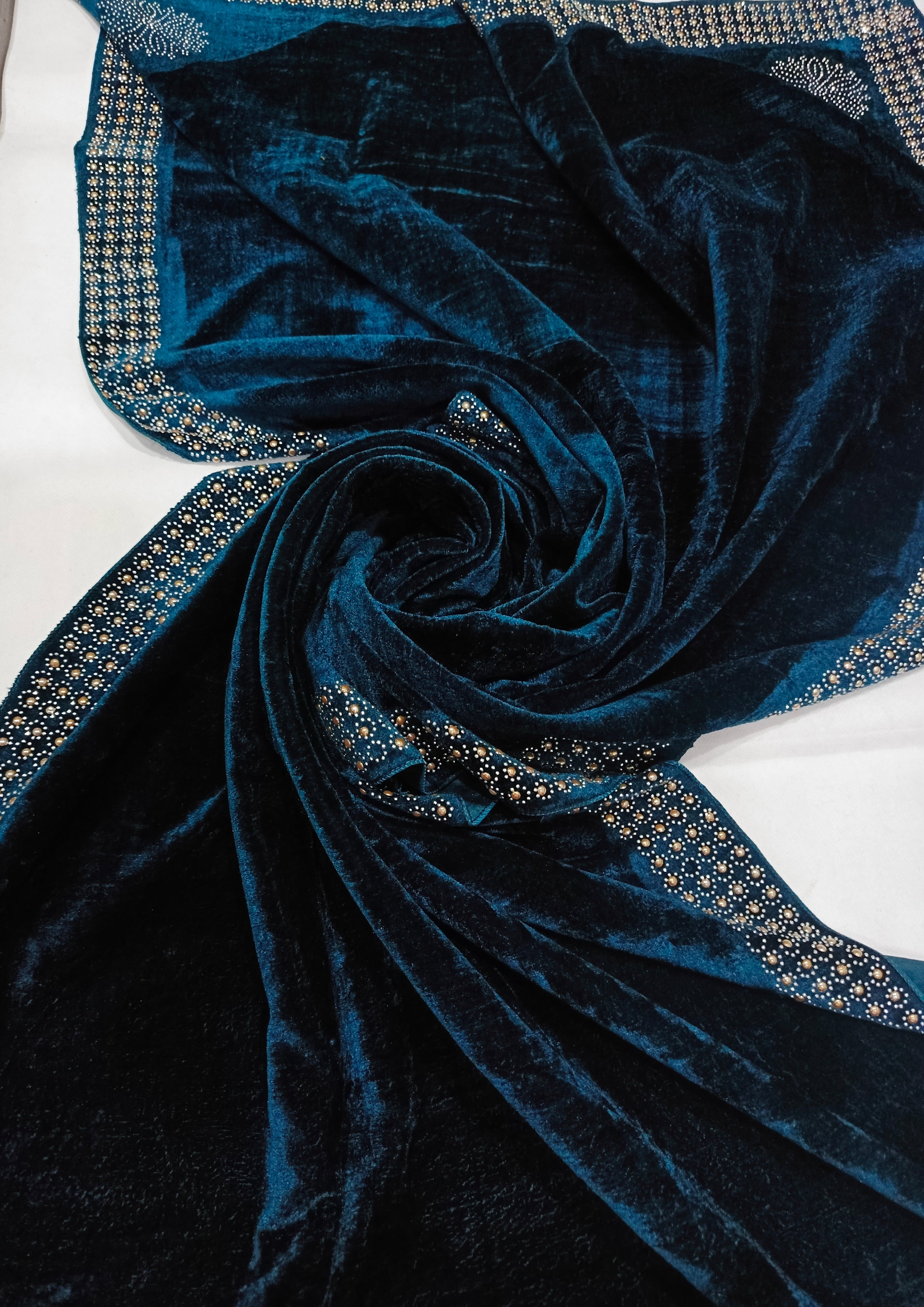 Pearls Work Micro Velvet Shawl - Blue