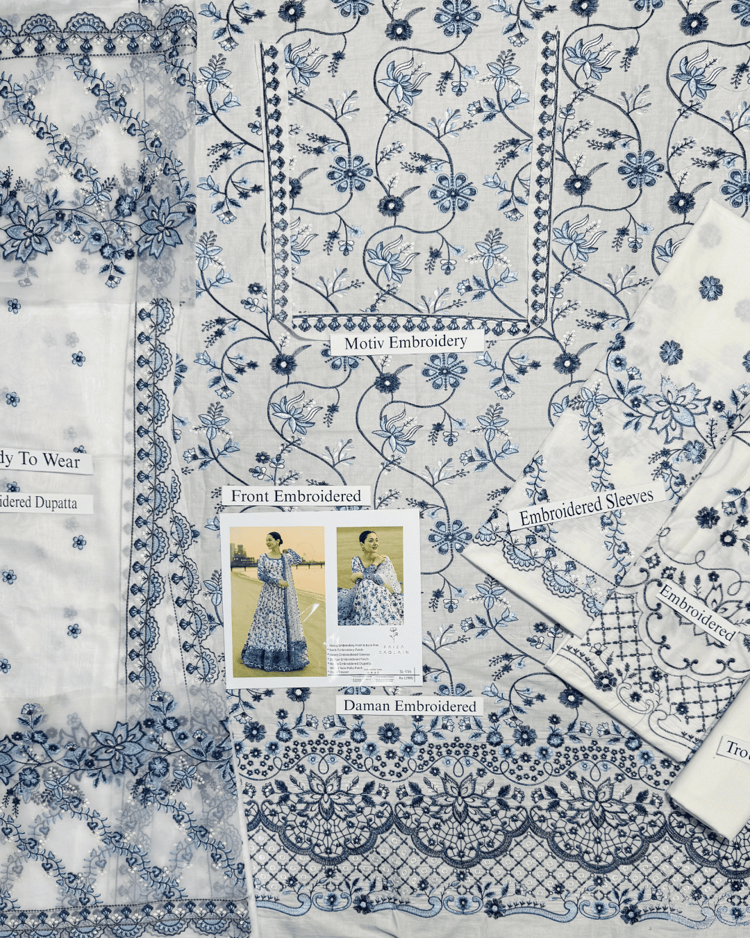 Faiza Saqlain Heavy Embroidered Unstitched Lawn 3pc Suit