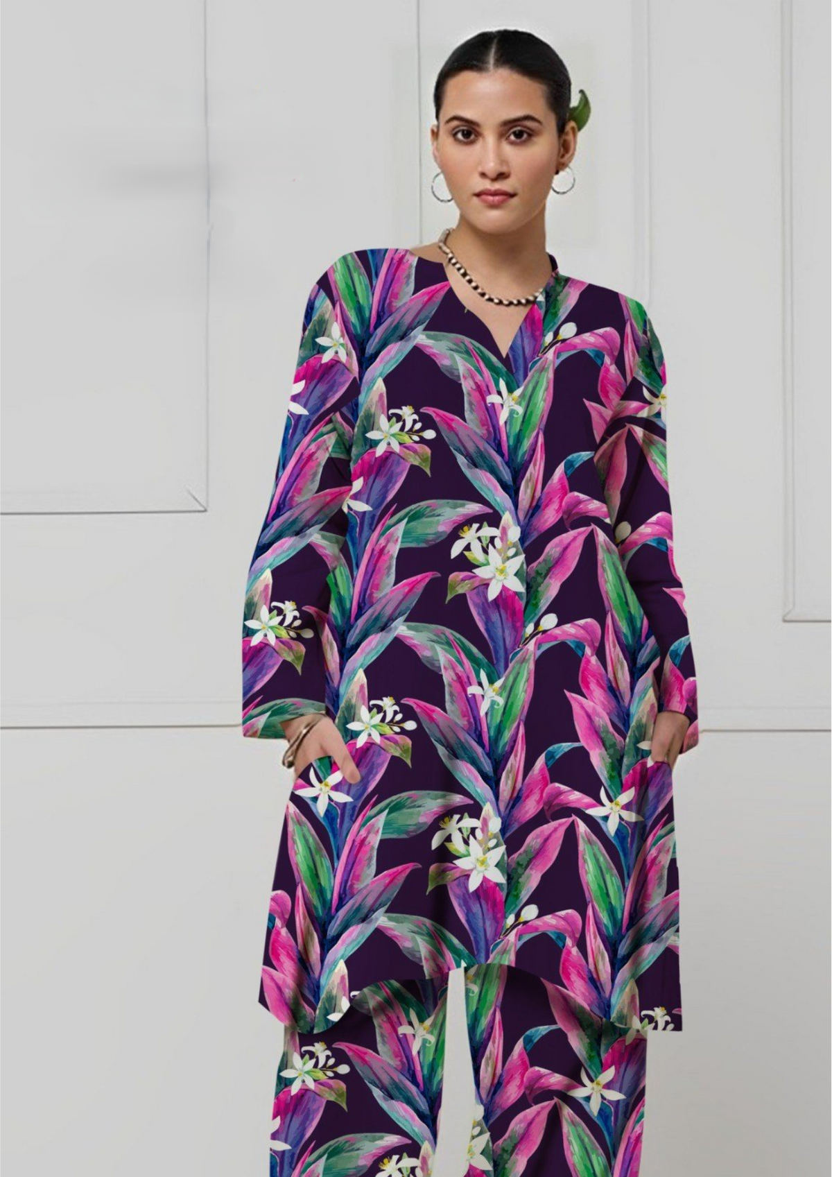 Abstract Floral Printed All-Over Chamki Linen 2-Piece Suit