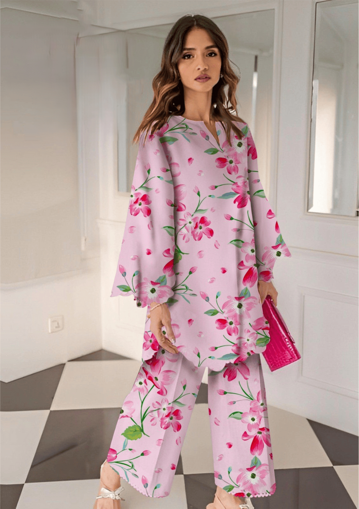 Floral Pink All-Over Printed Chamki Linen 2-Piece Suit