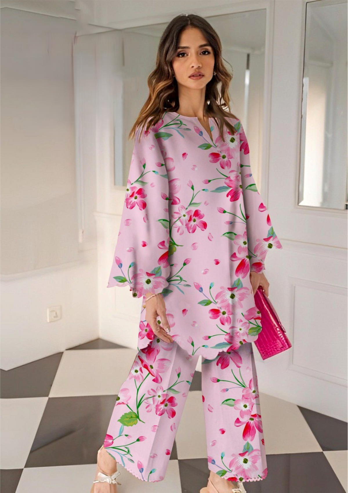Floral Pink All-Over Printed Chamki Linen 2-Piece Suit