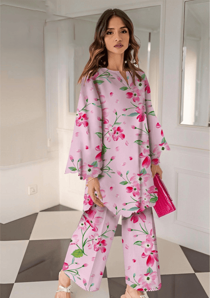 Floral Pink All-Over Printed Chamki Linen 2-Piece Suit