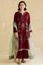 Maroon Dhanak Embroidered 3-Piece Suit with Organza Dupatta