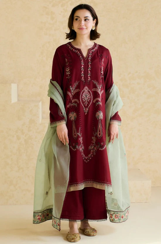 Maroon Dhanak Embroidered 3-Piece Suit with Organza Dupatta
