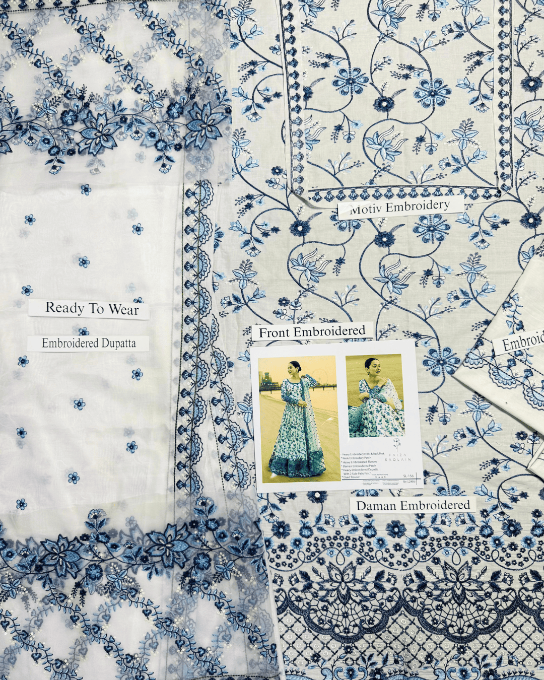 Faiza Saqlain Heavy Embroidered Unstitched Lawn 3pc Suit