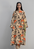 Beige Bold Floral All-Over Printed Chamki Linen 2-Piece Suit