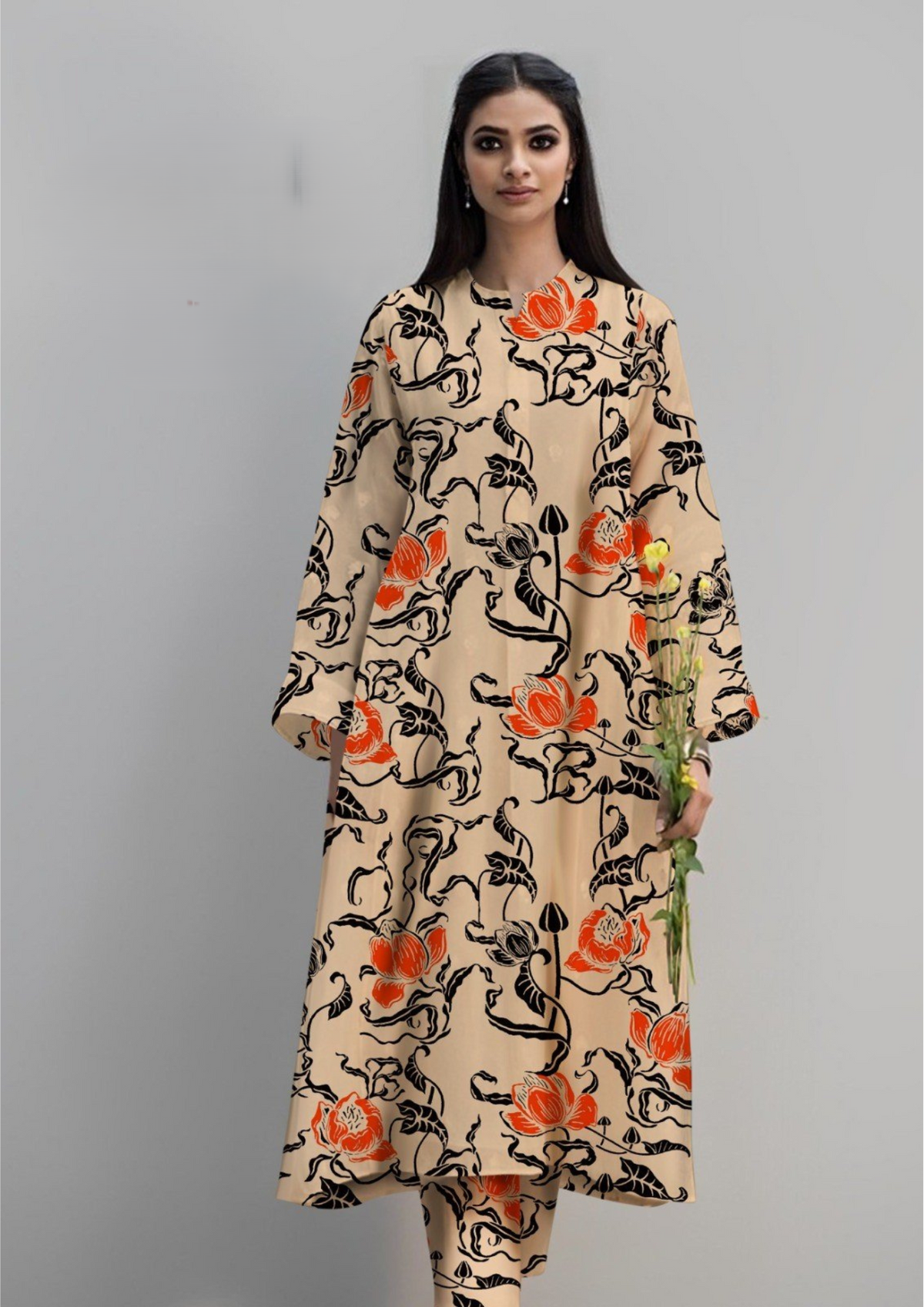 Beige Bold Floral All-Over Printed Chamki Linen 2-Piece Suit