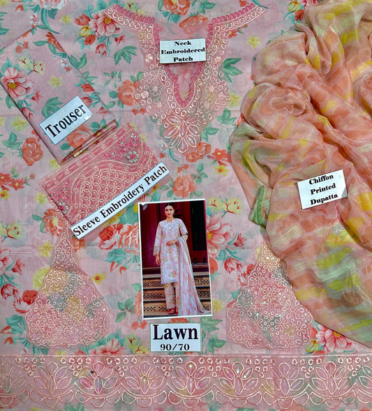 Premium Unstitched - Lawn 3pc Embroidered Suit