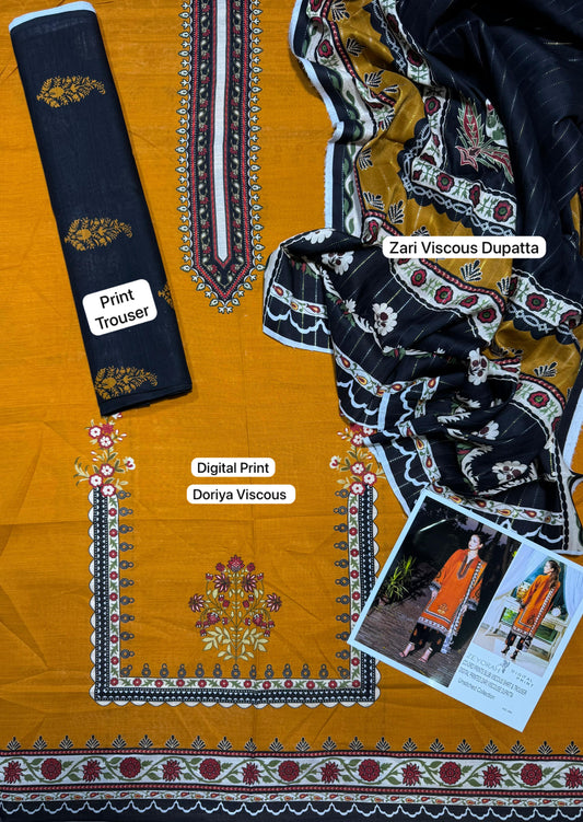 Unstitched - Doriya Viscous 3pc Printed Suit