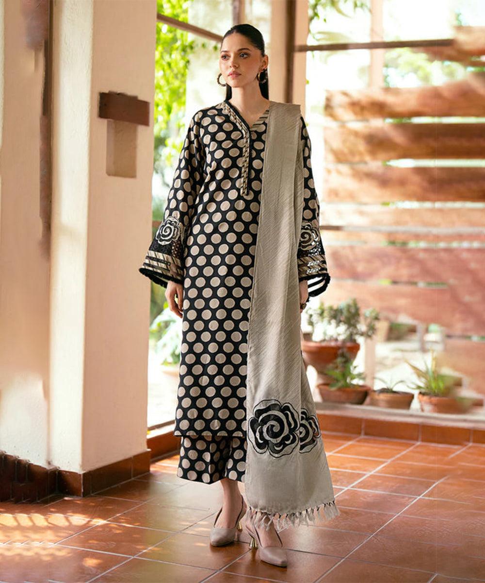 Polka Dot Printed Unstitched Karandi 3-Piece Suit