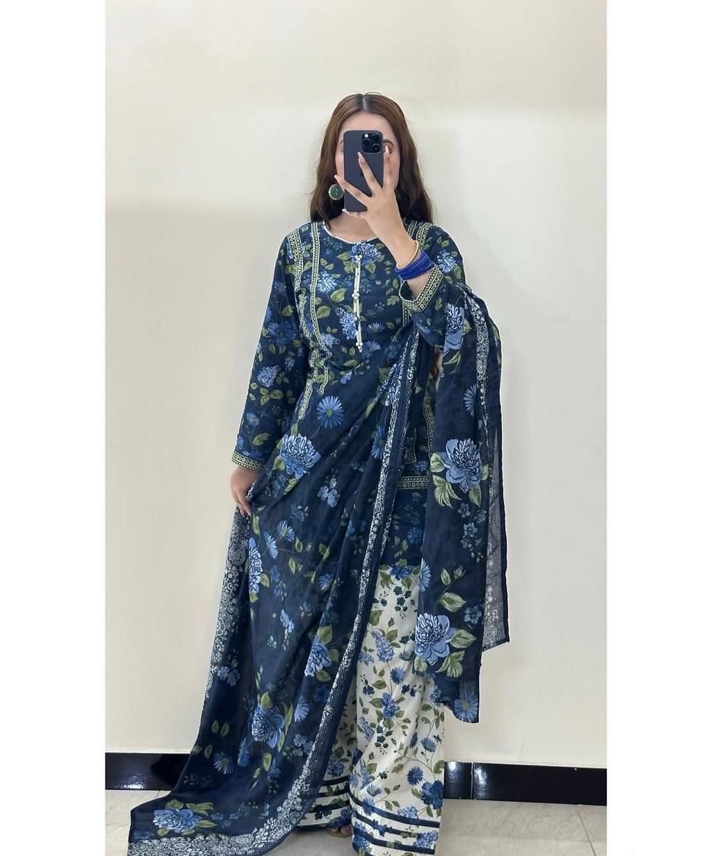 Unstitched Karandi Floral Printed 3-Piece Suit