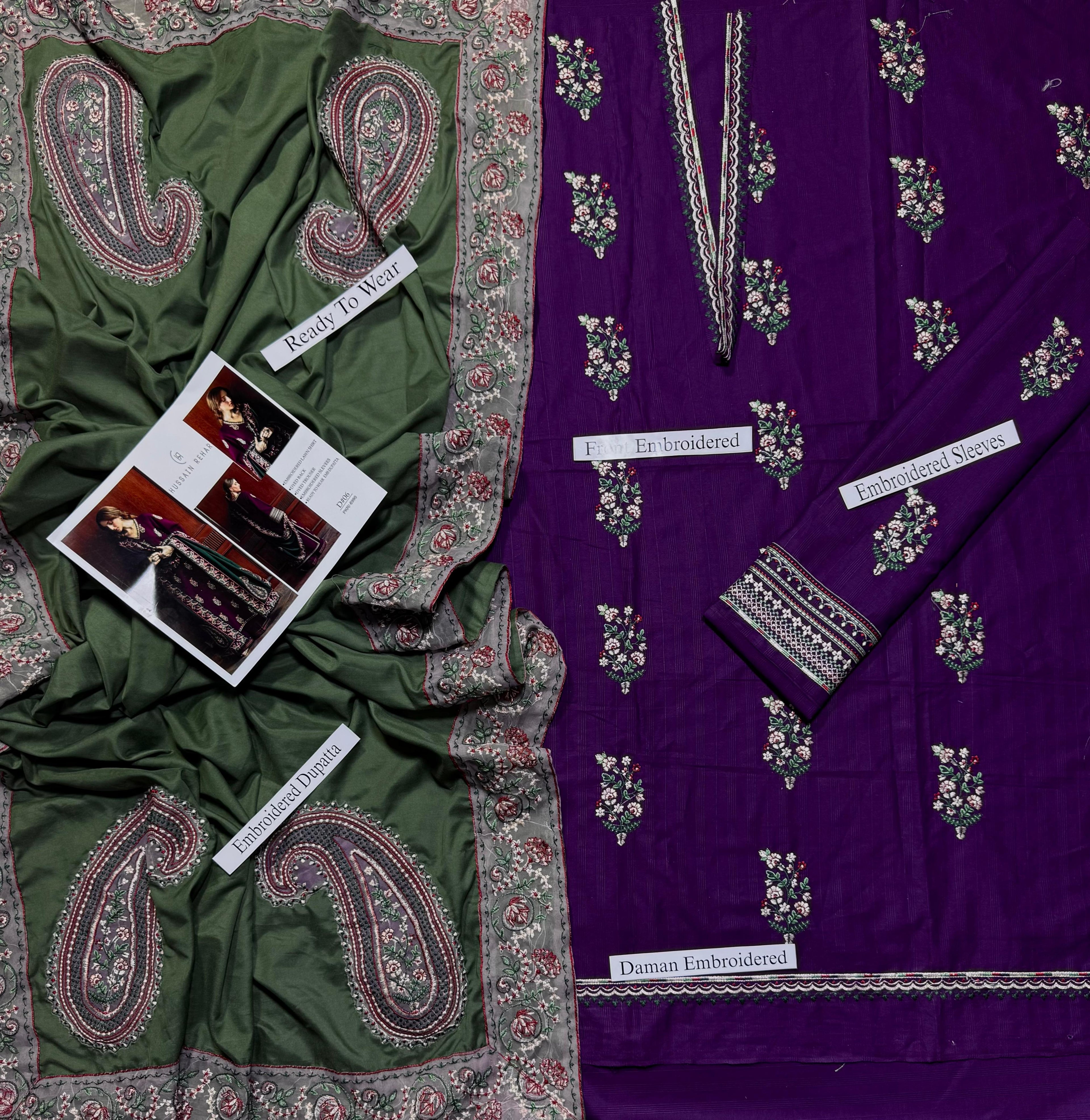 Hussain Rehar - Heavy Embroidered - Unstitched Lawn 3pc Suit