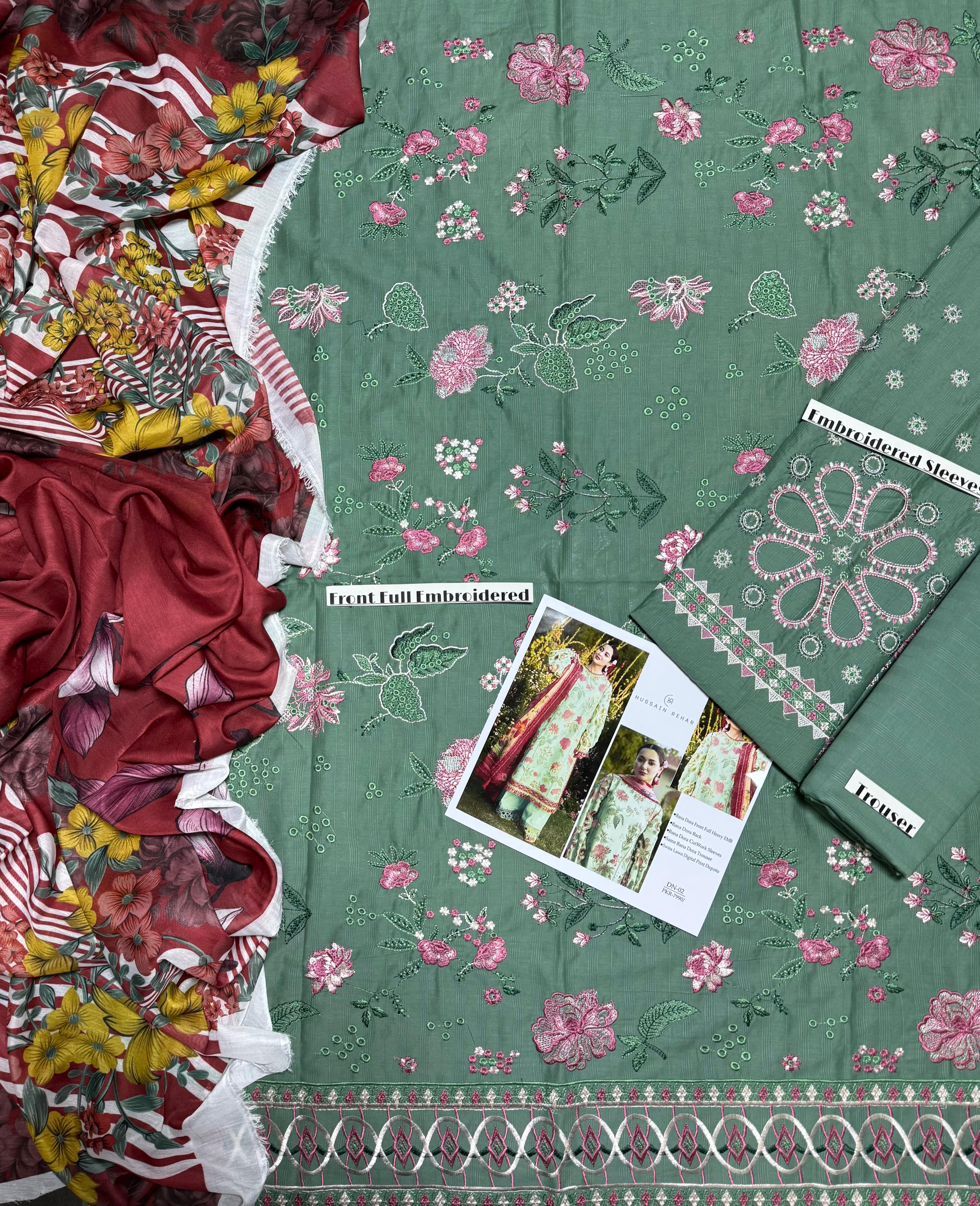 Hussain Rehar - Premium Unstitched - Embroidered Lawn 3pc Suit
