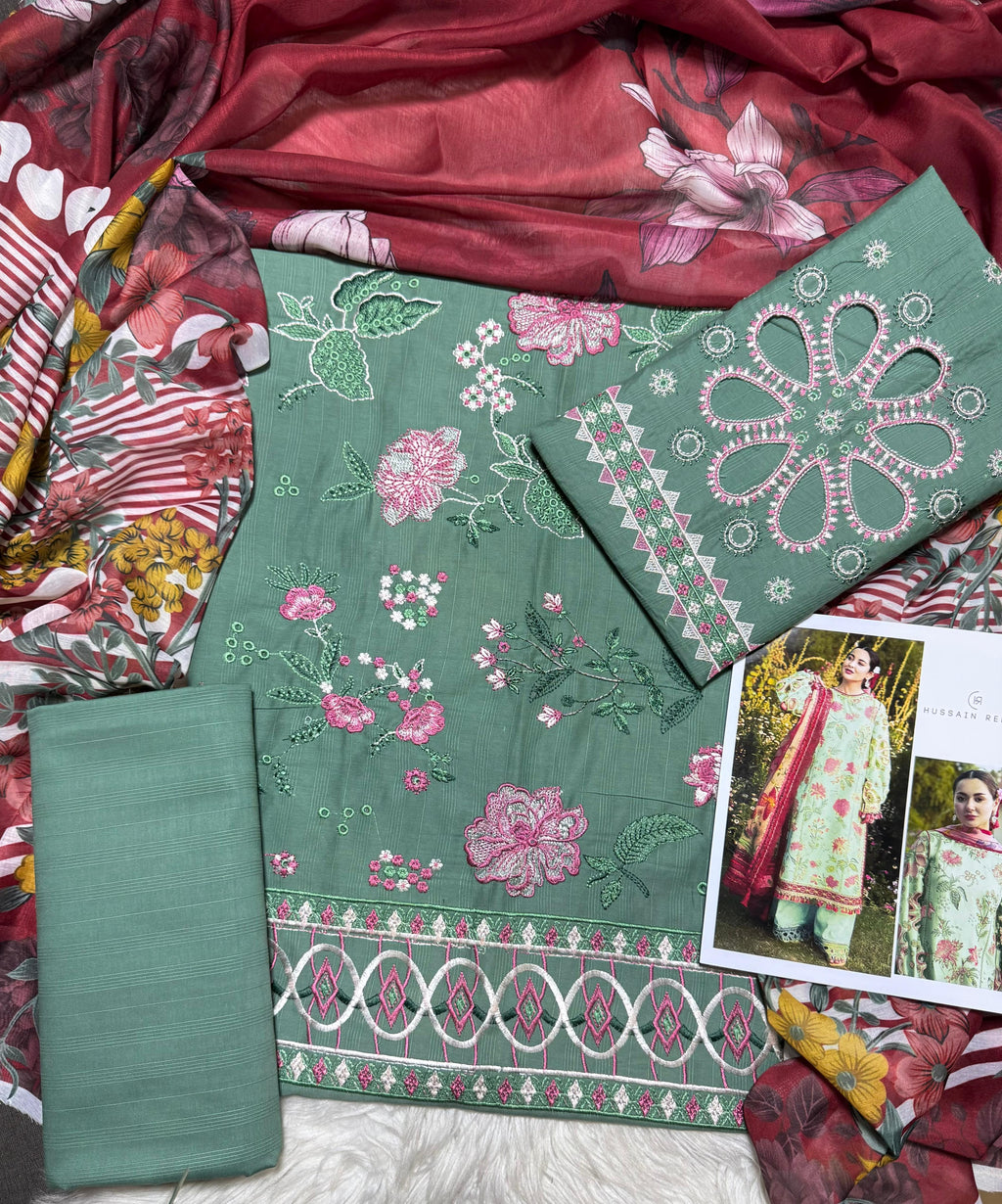 Hussain Rehar - Premium Unstitched - Embroidered Lawn 3pc Suit