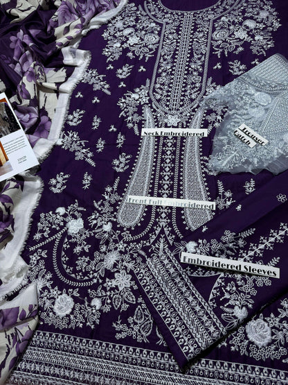 Hussain Rehar - Premium Unstitched - Embroidered Lawn 3pc Suit