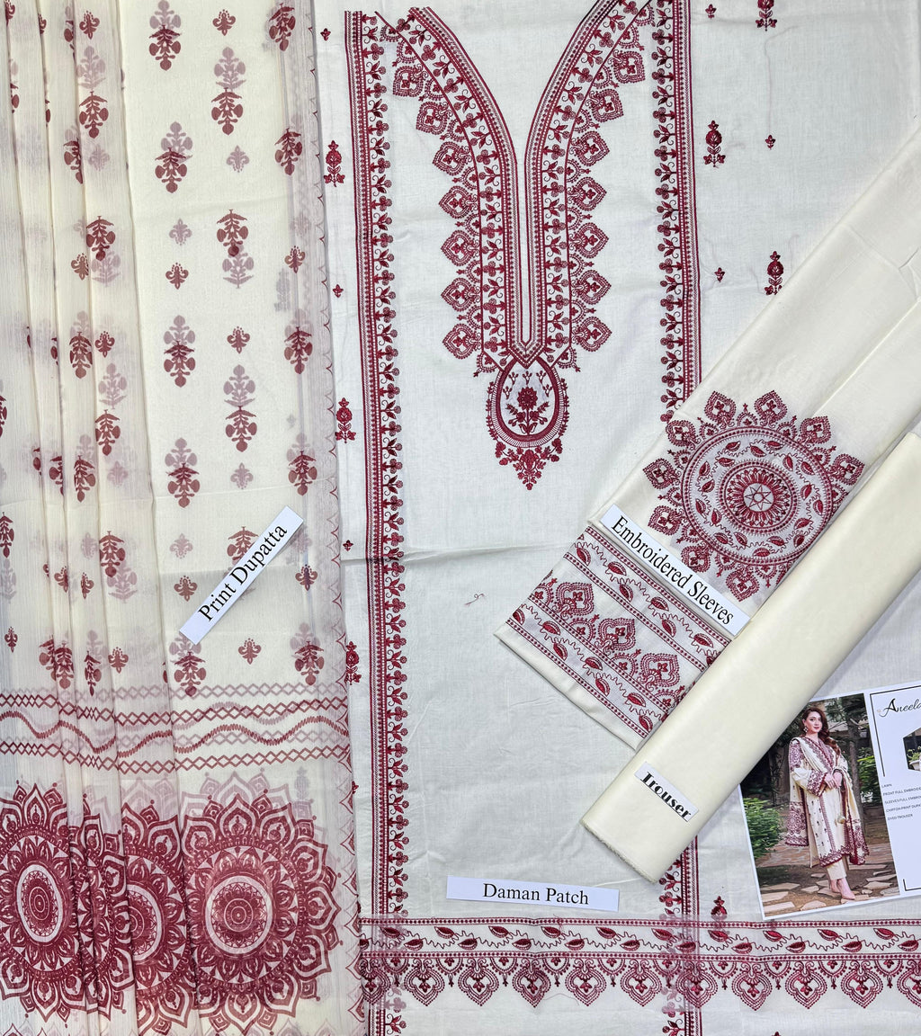 Aneelas Premium Embroidered Unstitched Lawn 3pc Suit
