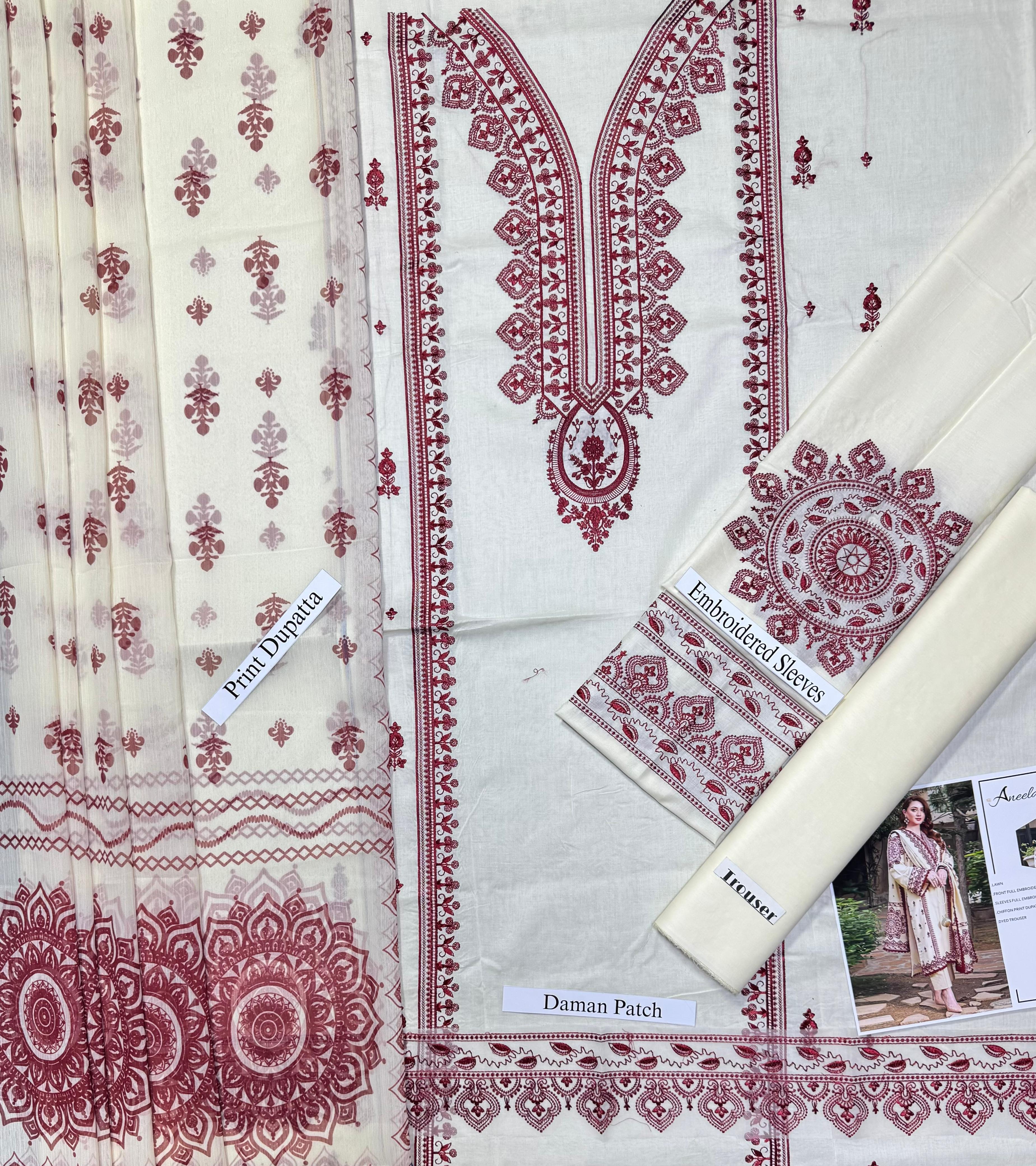 Aneelas Premium Embroidered Unstitched Lawn 3pc Suit