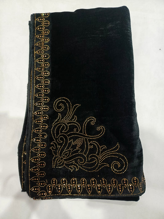 Pearls Work Micro Velvet Shawl - Black