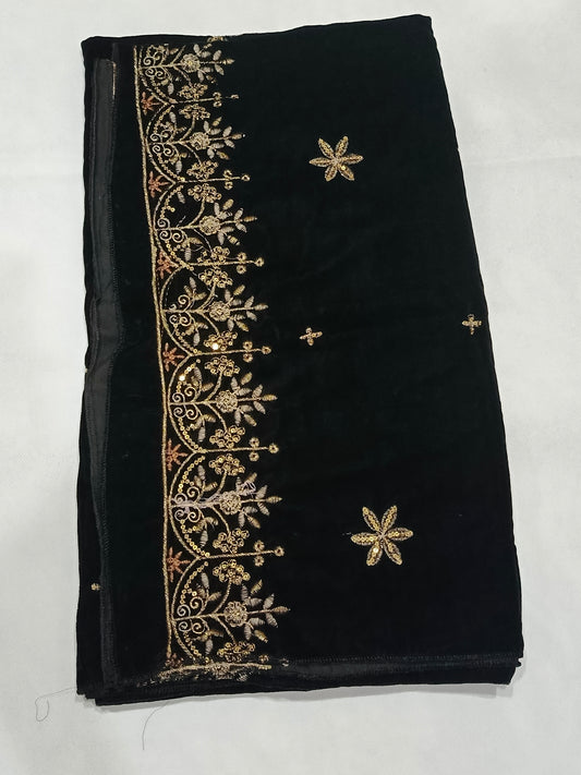 Embroidered Micro Velvet Shawl - Black