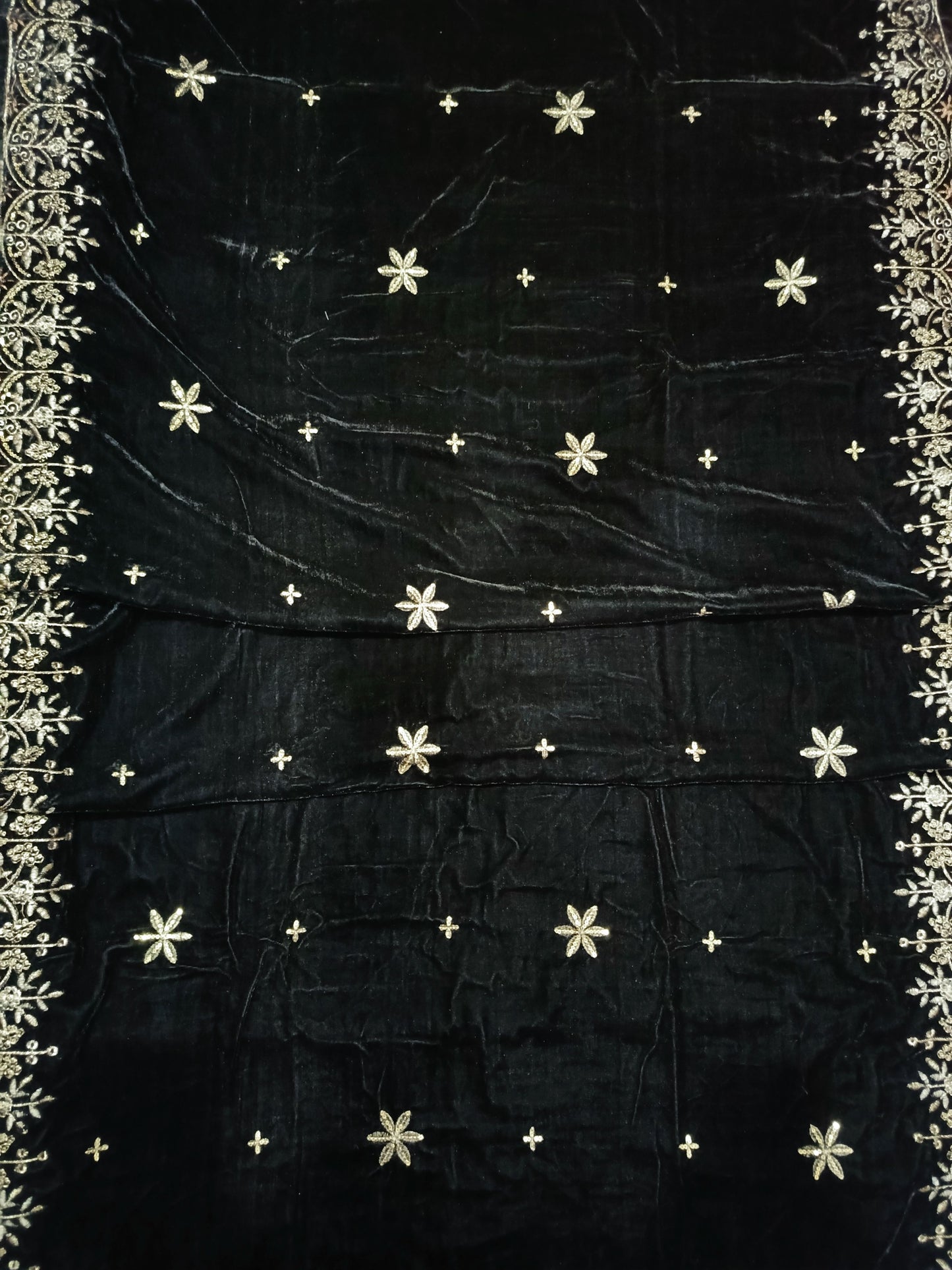 Embroidered Micro Velvet Shawl - Black