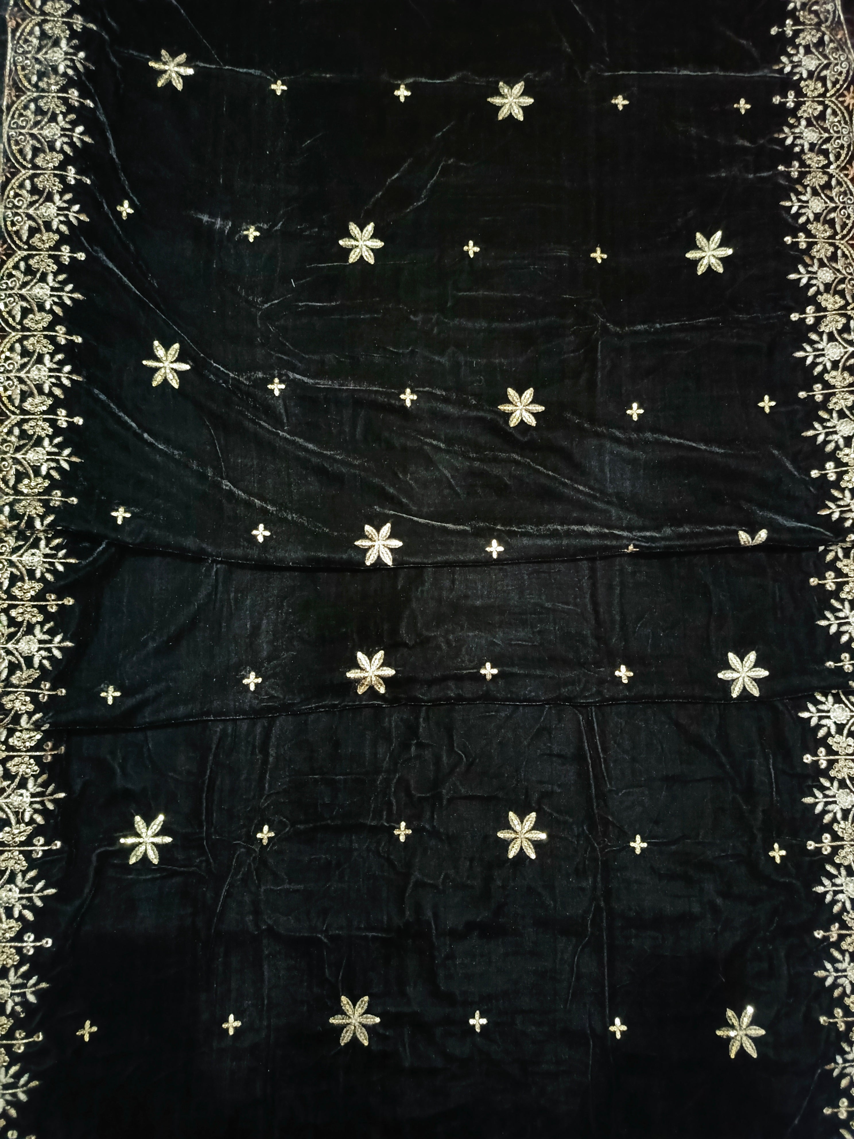 Embroidered Micro Velvet Shawl - Black