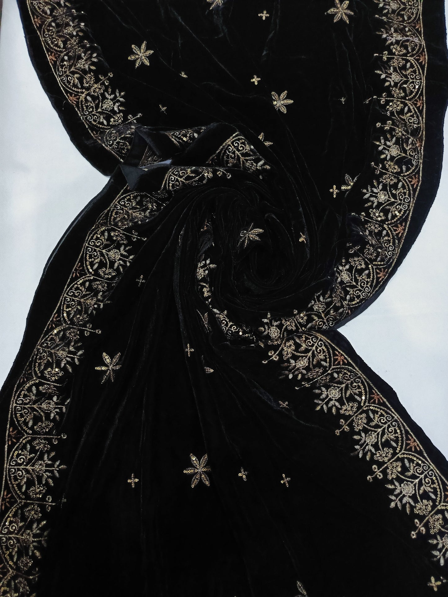 Embroidered Micro Velvet Shawl - Black