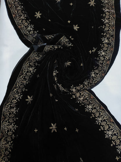 Embroidered Micro Velvet Shawl - Black