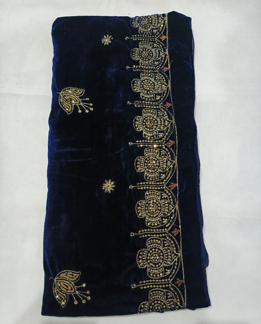 Embroidered Micro Velvet Shawl - Dark Blue