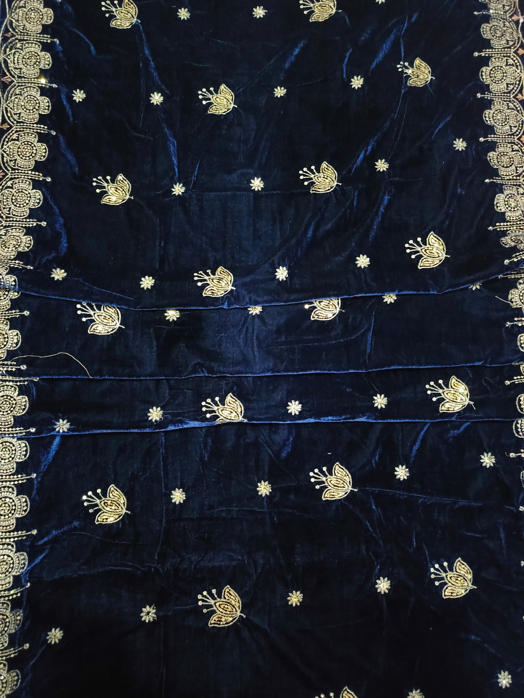 Embroidered Micro Velvet Shawl - Dark Blue