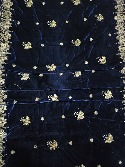 Embroidered Micro Velvet Shawl - Dark Blue