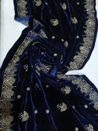 Embroidered Micro Velvet Shawl - Dark Blue