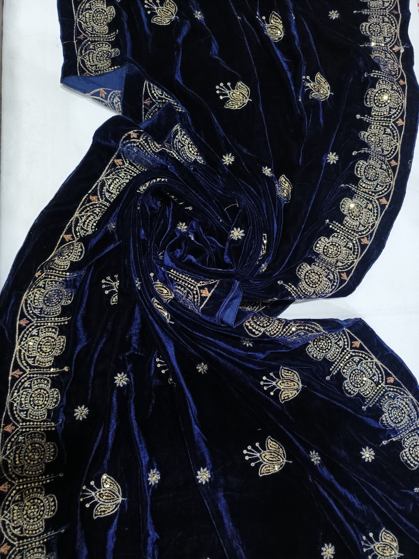 Embroidered Micro Velvet Shawl - Dark Blue