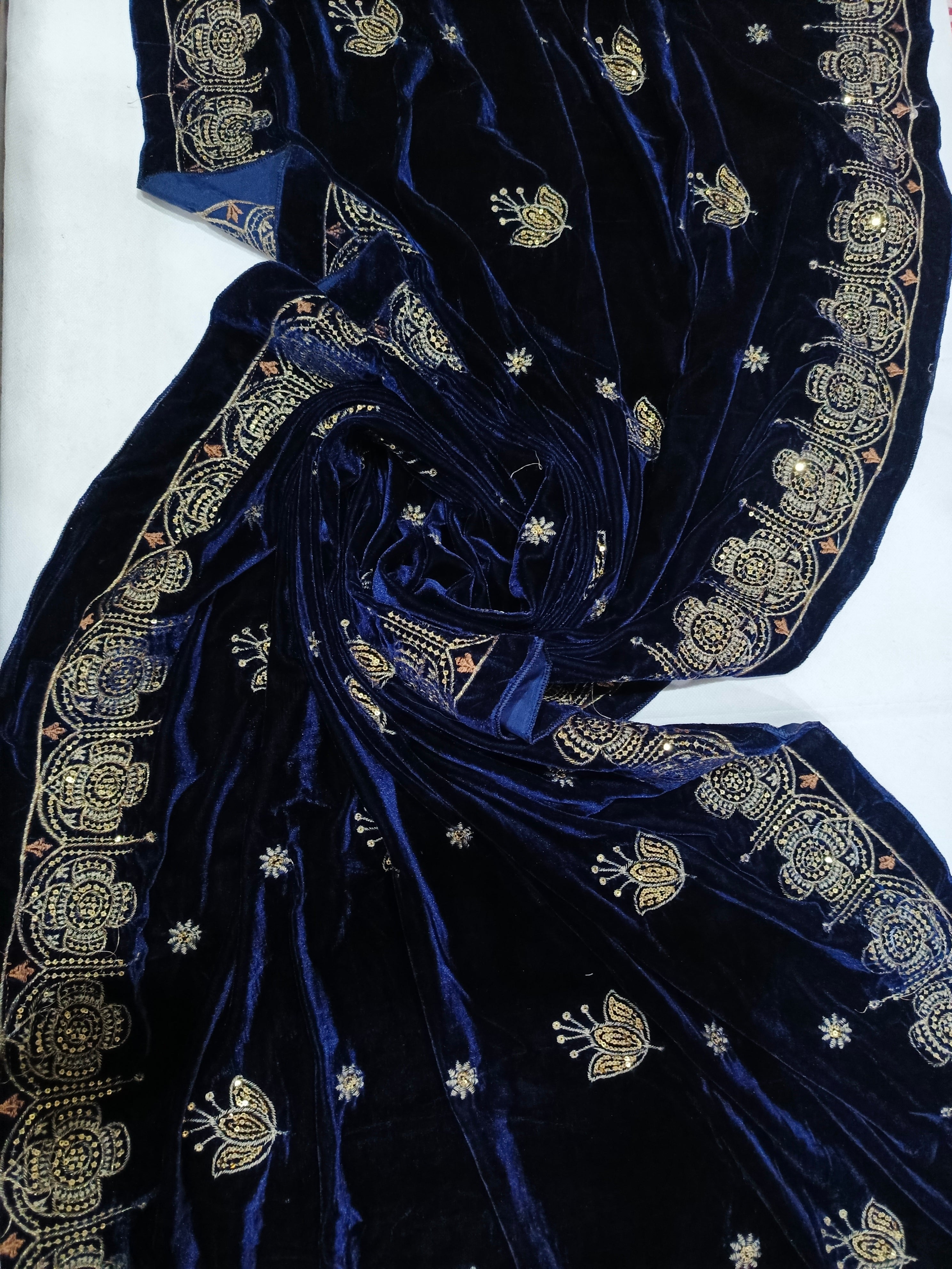 Embroidered Micro Velvet Shawl - Dark Blue