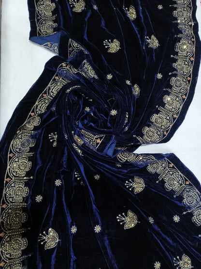 Embroidered Micro Velvet Shawl - Dark Blue