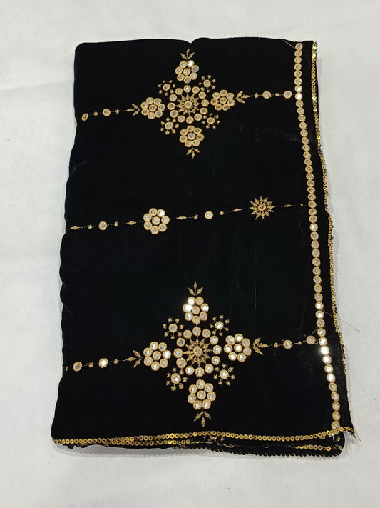 Embroidered Micro Velvet Shawl - Black