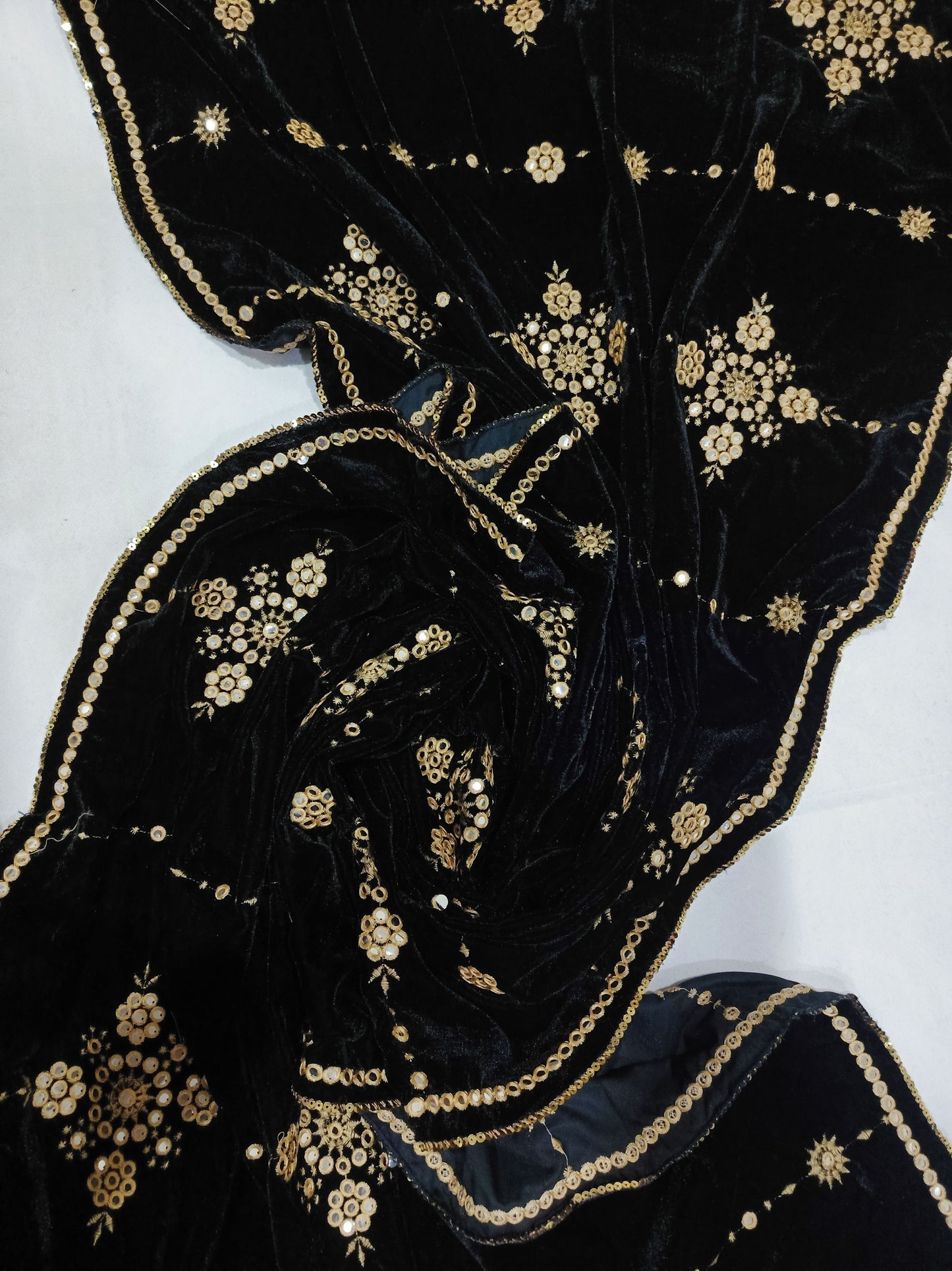 Embroidered Micro Velvet Shawl - Black