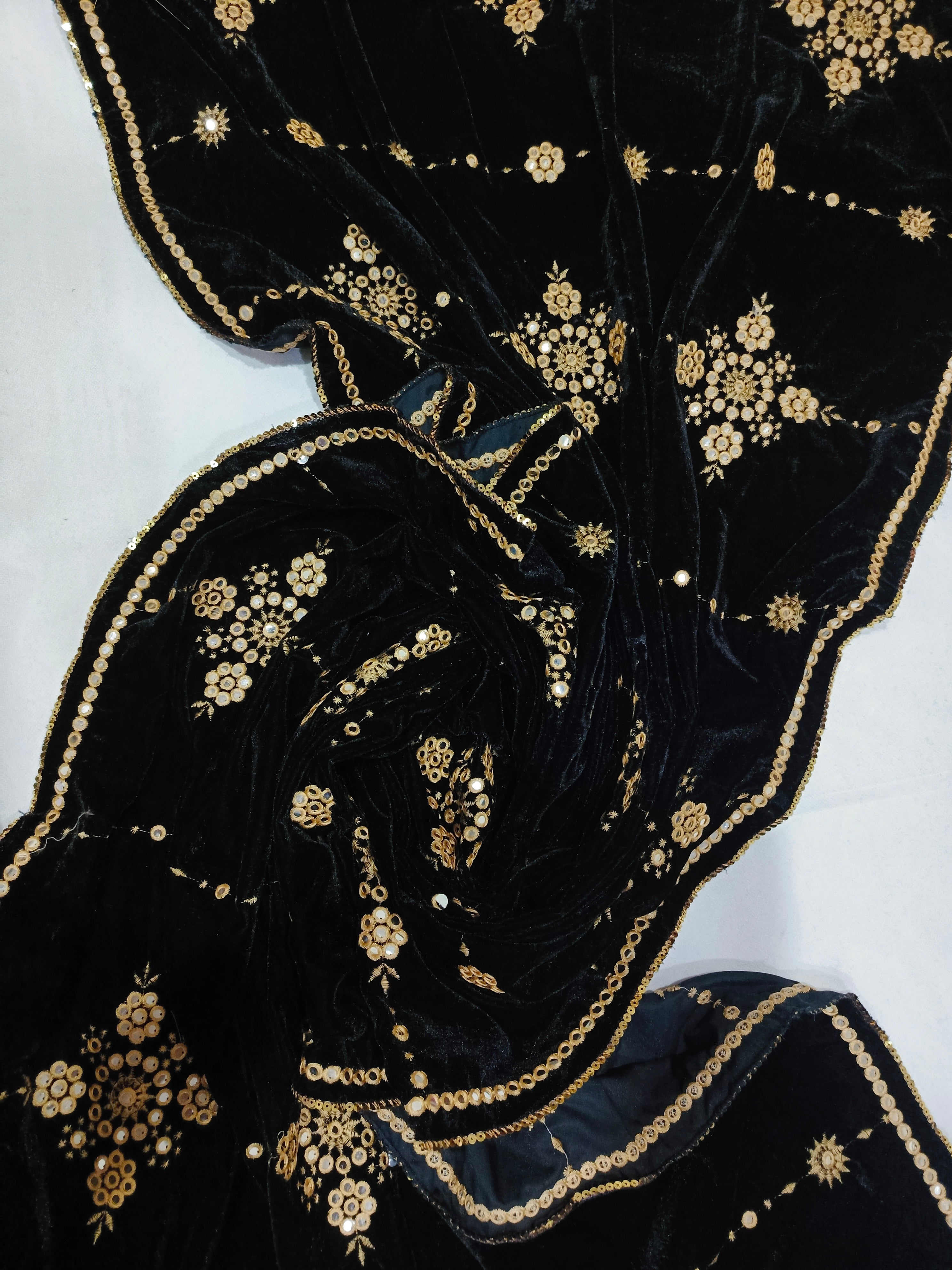 Embroidered Micro Velvet Shawl - Black