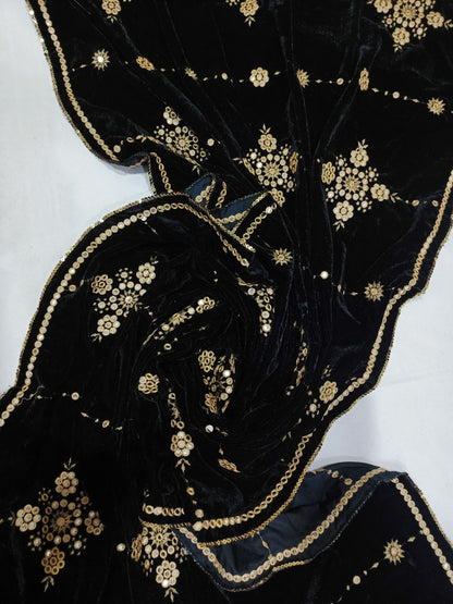 Embroidered Micro Velvet Shawl - Black
